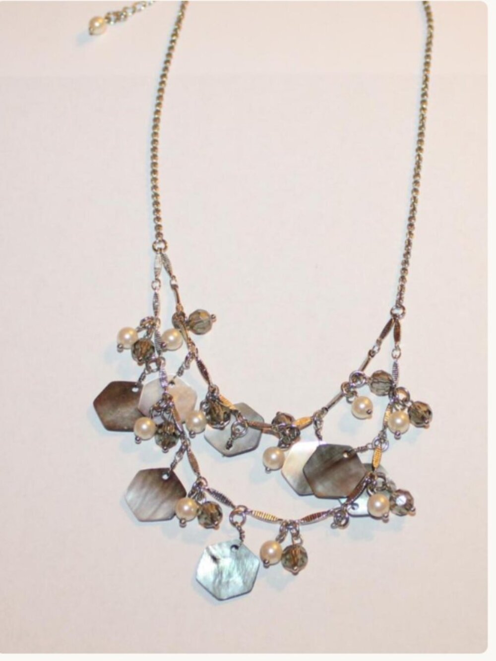 Lia Sophia Key West Double Strand Necklace Mother of Pearl Silver Tone Chain